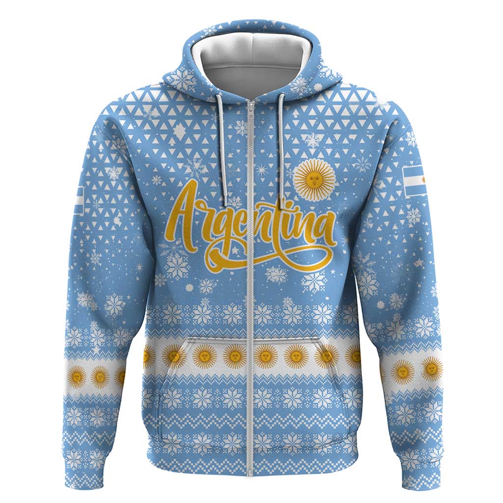 Argentina Christmas Hoodie with Blue-White Snowflake Pattern, Sun Emblem, and Gaucho Santa Riding Horse Motif - Wonder Print Shop