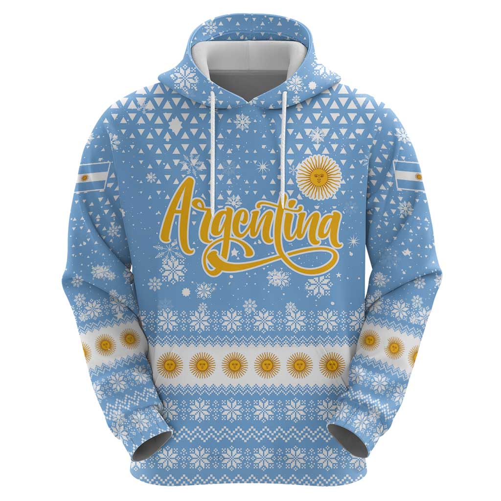Argentina Christmas Hoodie with Blue-White Snowflake Pattern, Sun Emblem, and Gaucho Santa Riding Horse Motif - Wonder Print Shop