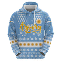 Argentina Christmas Hoodie with Blue-White Snowflake Pattern, Sun Emblem, and Gaucho Santa Riding Horse Motif - Wonder Print Shop