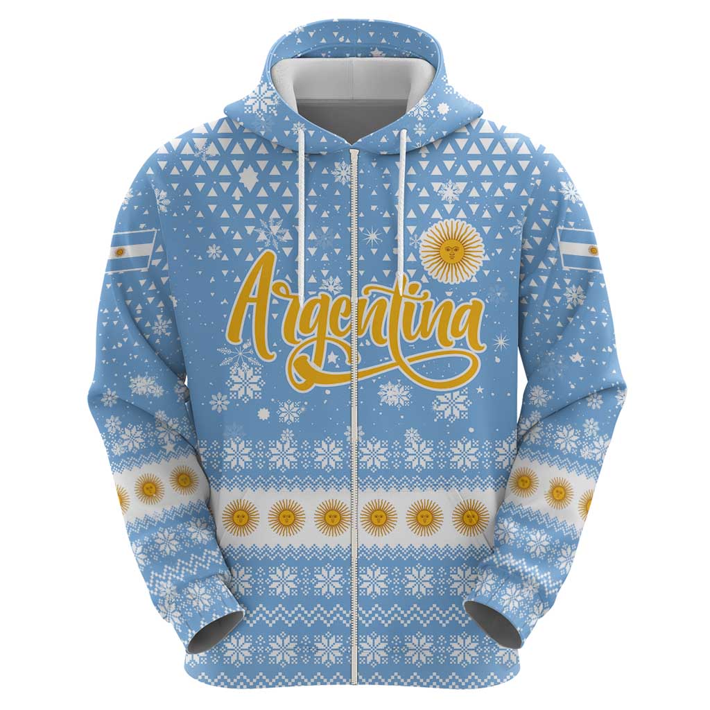 Argentina Christmas Hoodie with Blue-White Snowflake Pattern, Sun Emblem, and Gaucho Santa Riding Horse Motif - Wonder Print Shop
