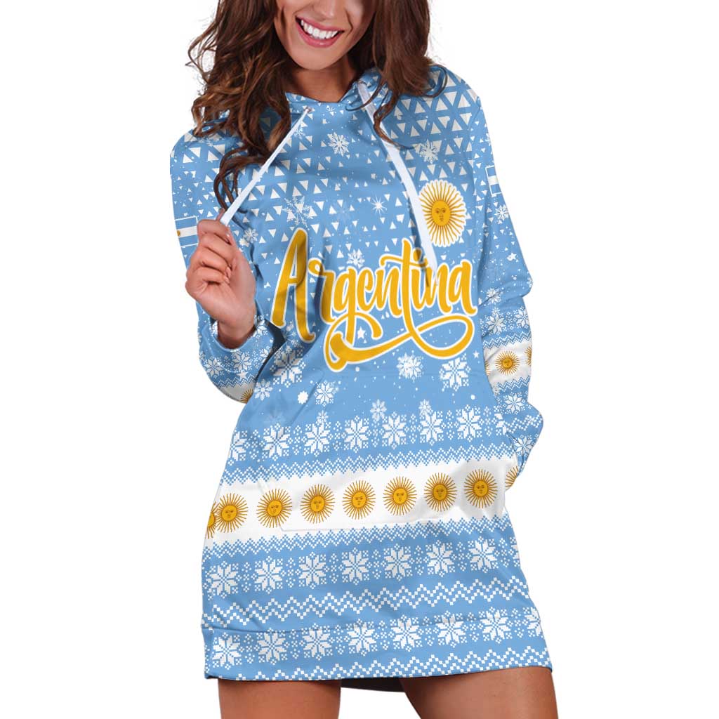 Argentina Christmas Hoodie Dress with Blue-White Snowflake Pattern, Sun Emblem, and Gaucho Santa Riding Horse Motif - Wonder Print Shop