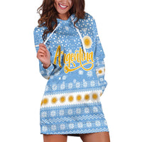 Argentina Christmas Hoodie Dress with Blue-White Snowflake Pattern, Sun Emblem, and Gaucho Santa Riding Horse Motif - Wonder Print Shop