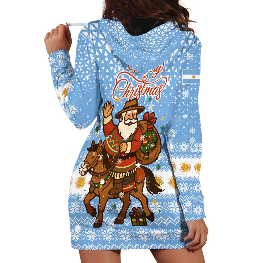 Argentina Christmas Hoodie Dress with Blue-White Snowflake Pattern, Sun Emblem, and Gaucho Santa Riding Horse Motif - Wonder Print Shop