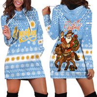 Argentina Christmas Hoodie Dress with Blue-White Snowflake Pattern, Sun Emblem, and Gaucho Santa Riding Horse Motif - Wonder Print Shop