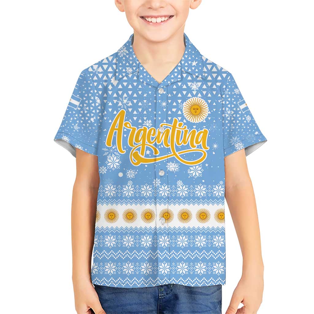 Argentina Christmas Kid Hawaiian Shirt with Blue-White Snowflake Pattern, Sun Emblem, and Gaucho Santa Riding Horse Motif - Wonder Print Shop