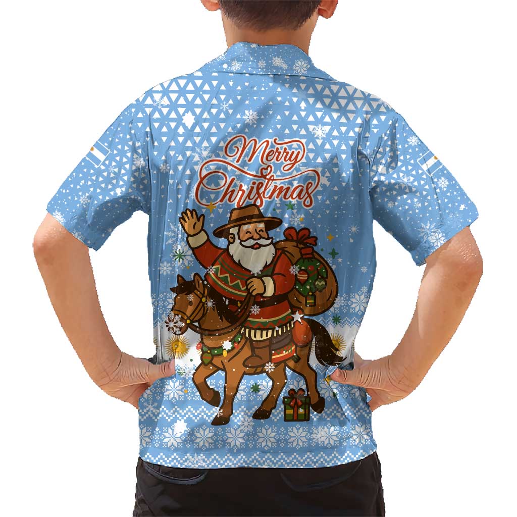 Argentina Christmas Kid Hawaiian Shirt with Blue-White Snowflake Pattern, Sun Emblem, and Gaucho Santa Riding Horse Motif - Wonder Print Shop