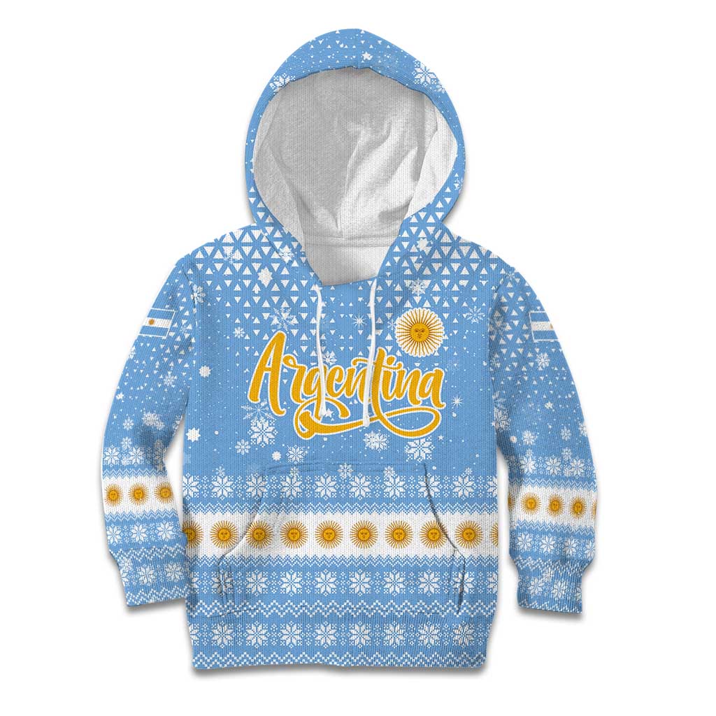Argentina Christmas Kid Hoodie with Blue-White Snowflake Pattern, Sun Emblem, and Gaucho Santa Riding Horse Motif - Wonder Print Shop