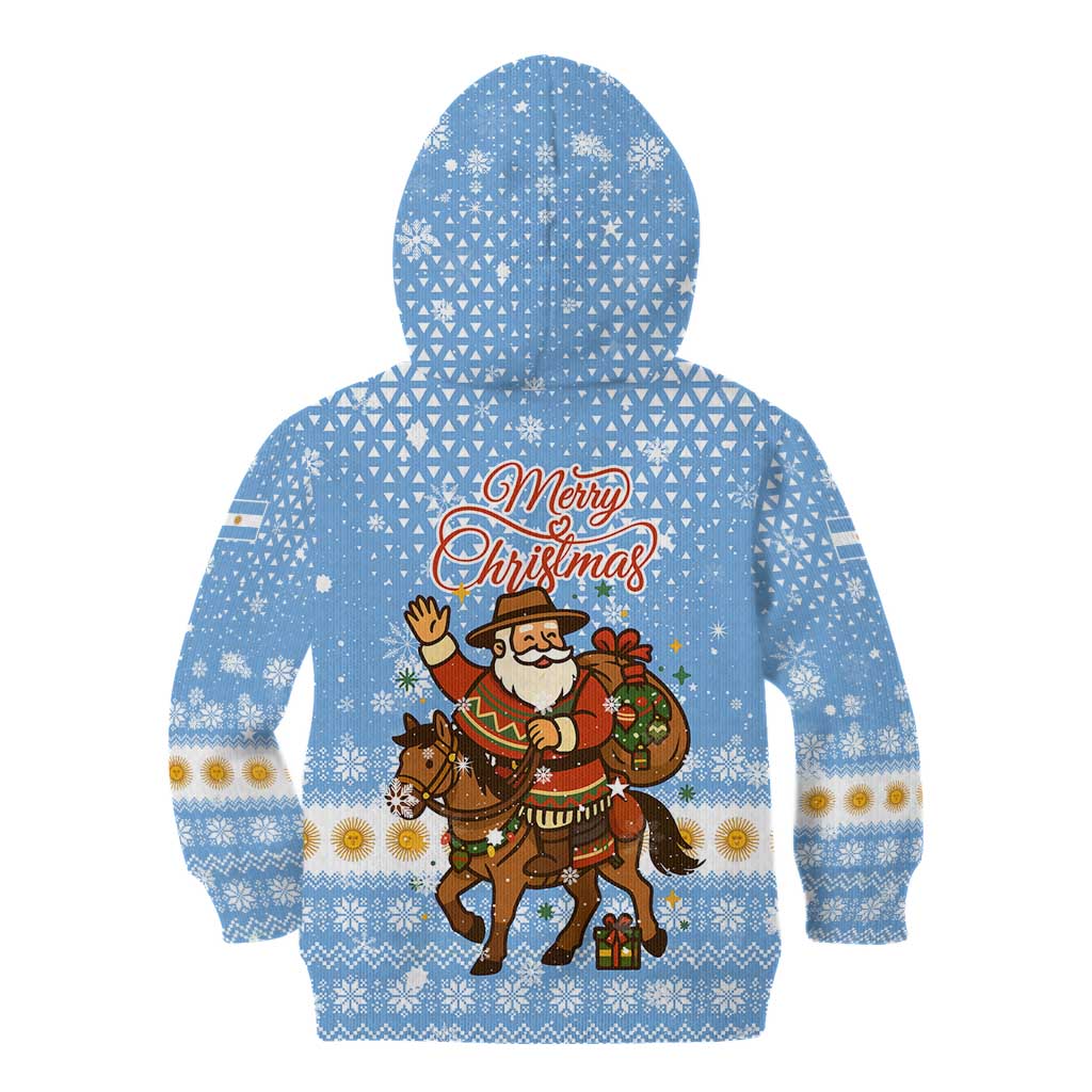 Argentina Christmas Kid Hoodie with Blue-White Snowflake Pattern, Sun Emblem, and Gaucho Santa Riding Horse Motif - Wonder Print Shop