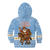 Argentina Christmas Kid Hoodie with Blue-White Snowflake Pattern, Sun Emblem, and Gaucho Santa Riding Horse Motif - Wonder Print Shop