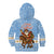Argentina Christmas Kid Hoodie with Blue-White Snowflake Pattern, Sun Emblem, and Gaucho Santa Riding Horse Motif - Wonder Print Shop
