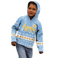 Argentina Christmas Kid Hoodie with Blue-White Snowflake Pattern, Sun Emblem, and Gaucho Santa Riding Horse Motif - Wonder Print Shop