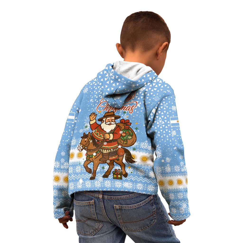 Argentina Christmas Kid Hoodie with Blue-White Snowflake Pattern, Sun Emblem, and Gaucho Santa Riding Horse Motif - Wonder Print Shop