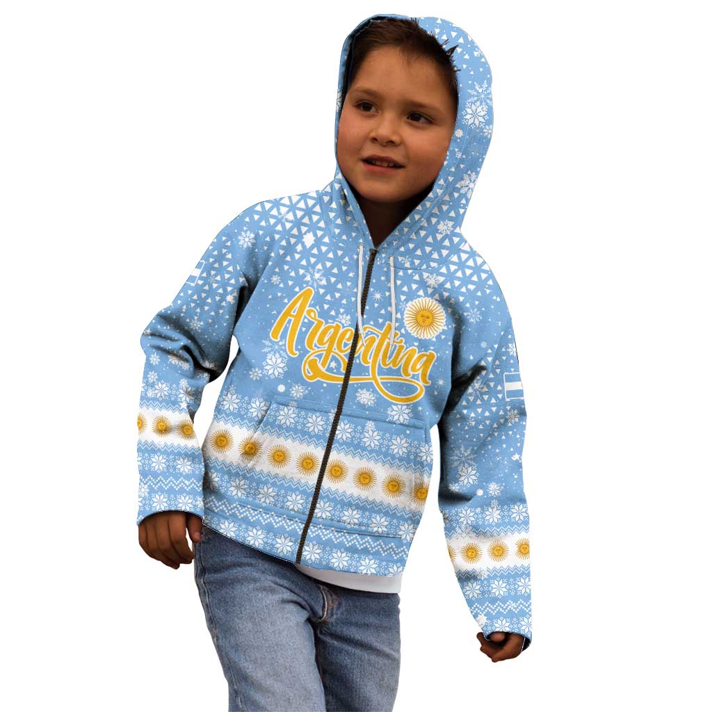 Argentina Christmas Kid Hoodie with Blue-White Snowflake Pattern, Sun Emblem, and Gaucho Santa Riding Horse Motif - Wonder Print Shop