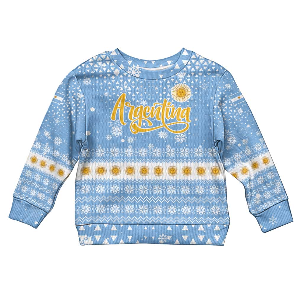 Argentina Christmas Kid Ugly Christmas Sweater with Blue-White Snowflake Pattern, Sun Emblem, and Gaucho Santa Riding Horse Motif - Wonder Print Shop