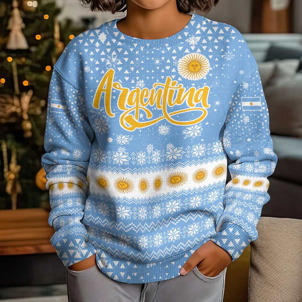 Argentina Christmas Kid Ugly Christmas Sweater with Blue-White Snowflake Pattern, Sun Emblem, and Gaucho Santa Riding Horse Motif - Wonder Print Shop