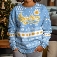 Argentina Christmas Kid Ugly Christmas Sweater with Blue-White Snowflake Pattern, Sun Emblem, and Gaucho Santa Riding Horse Motif - Wonder Print Shop