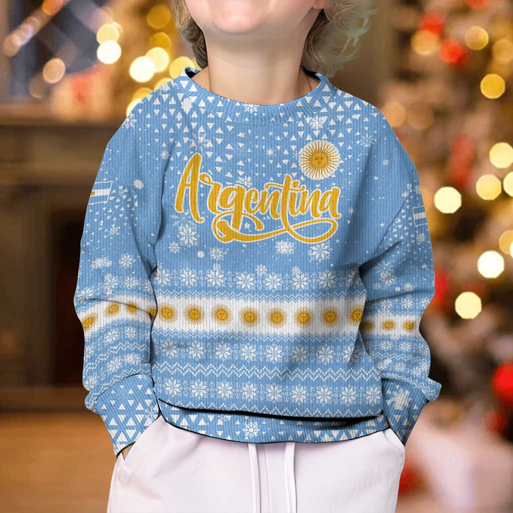 Argentina Christmas Kid Ugly Christmas Sweater with Blue-White Snowflake Pattern, Sun Emblem, and Gaucho Santa Riding Horse Motif - Wonder Print Shop