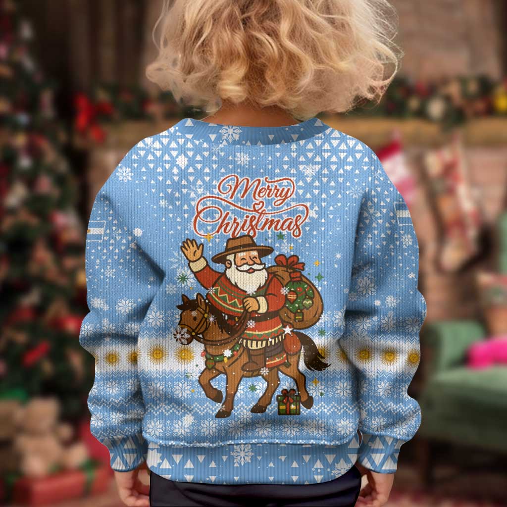 Argentina Christmas Kid Ugly Christmas Sweater with Blue-White Snowflake Pattern, Sun Emblem, and Gaucho Santa Riding Horse Motif - Wonder Print Shop