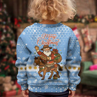 Argentina Christmas Kid Ugly Christmas Sweater with Blue-White Snowflake Pattern, Sun Emblem, and Gaucho Santa Riding Horse Motif - Wonder Print Shop