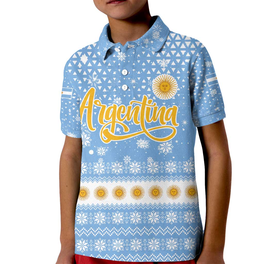 Argentina Christmas Kid Polo Shirt with Blue-White Snowflake Pattern, Sun Emblem, and Gaucho Santa Riding Horse Motif - Wonder Print Shop