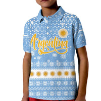 Argentina Christmas Kid Polo Shirt with Blue-White Snowflake Pattern, Sun Emblem, and Gaucho Santa Riding Horse Motif - Wonder Print Shop