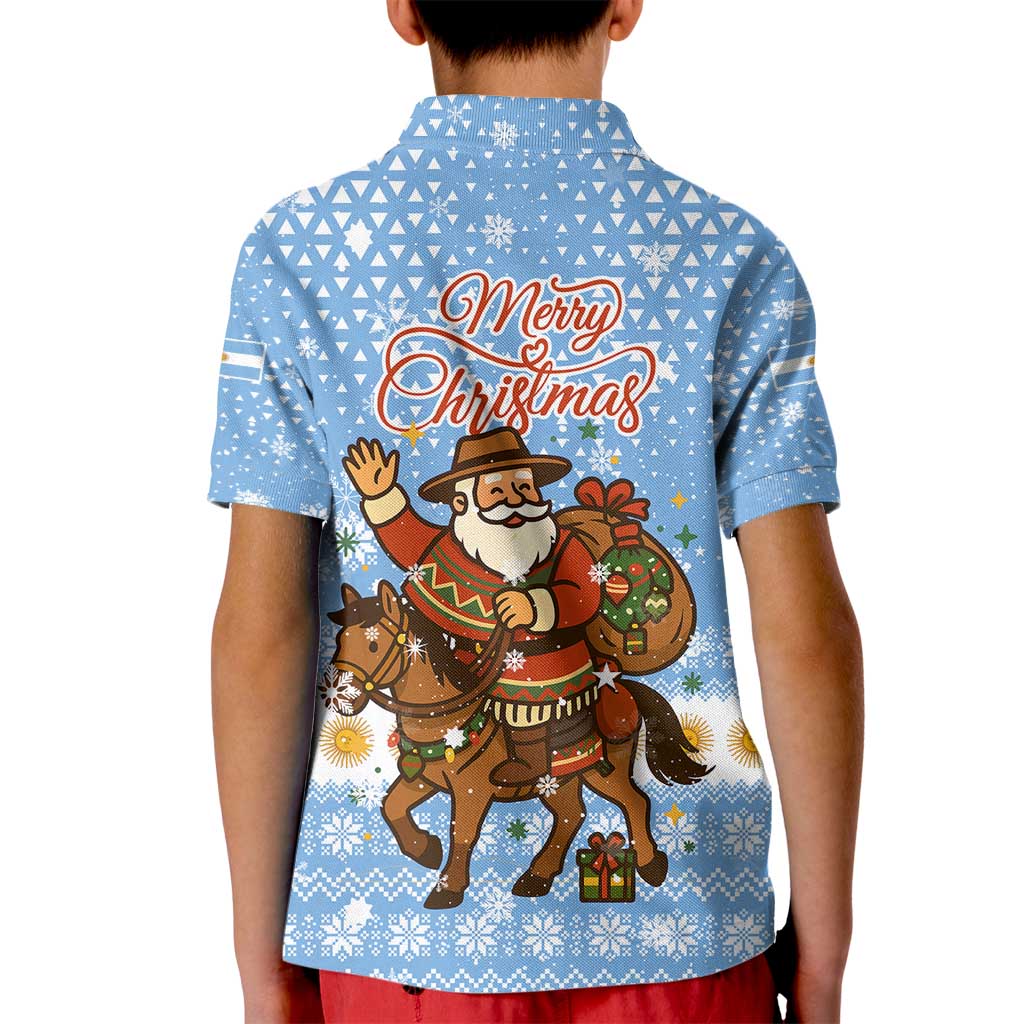 Argentina Christmas Kid Polo Shirt with Blue-White Snowflake Pattern, Sun Emblem, and Gaucho Santa Riding Horse Motif - Wonder Print Shop