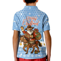 Argentina Christmas Kid Polo Shirt with Blue-White Snowflake Pattern, Sun Emblem, and Gaucho Santa Riding Horse Motif - Wonder Print Shop