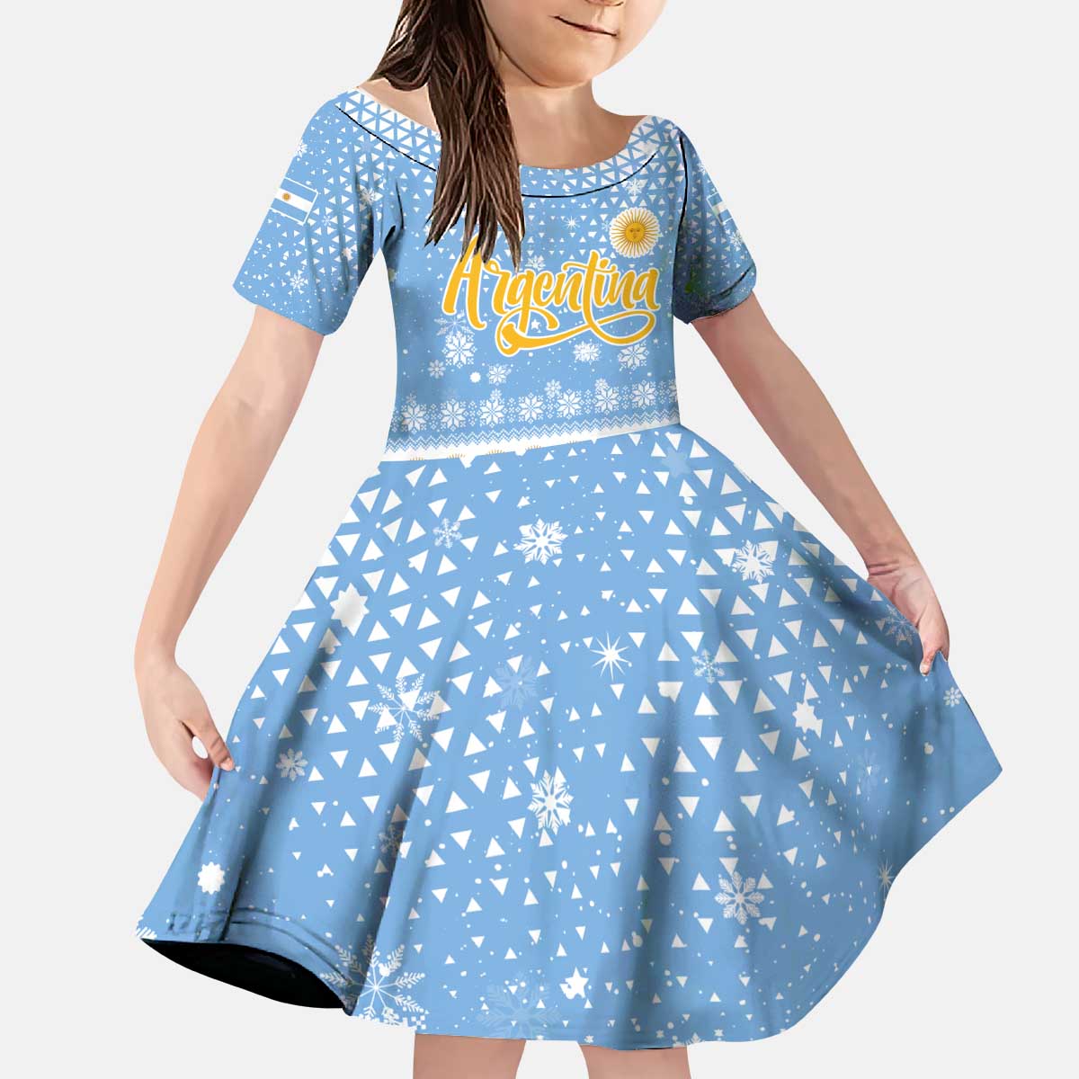 Argentina Christmas Kid Short Sleeve Dress with Blue-White Snowflake Pattern, Sun Emblem, and Gaucho Santa Riding Horse Motif - Wonder Print Shop