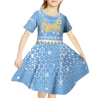 Argentina Christmas Kid Short Sleeve Dress with Blue-White Snowflake Pattern, Sun Emblem, and Gaucho Santa Riding Horse Motif - Wonder Print Shop