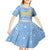 Argentina Christmas Kid Short Sleeve Dress with Blue-White Snowflake Pattern, Sun Emblem, and Gaucho Santa Riding Horse Motif - Wonder Print Shop