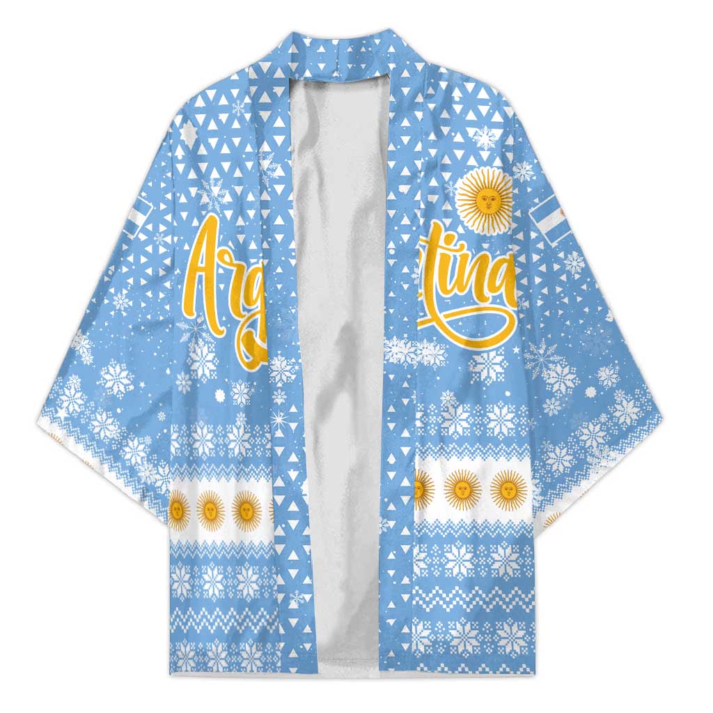 Argentina Christmas Kimono with Blue-White Snowflake Pattern, Sun Emblem, and Gaucho Santa Riding Horse Motif - Wonder Print Shop