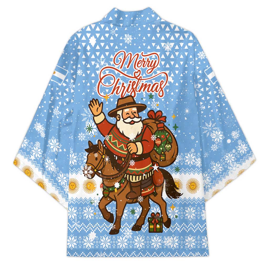 Argentina Christmas Kimono with Blue-White Snowflake Pattern, Sun Emblem, and Gaucho Santa Riding Horse Motif - Wonder Print Shop
