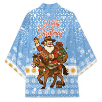 Argentina Christmas Kimono with Blue-White Snowflake Pattern, Sun Emblem, and Gaucho Santa Riding Horse Motif - Wonder Print Shop