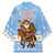 Argentina Christmas Kimono with Blue-White Snowflake Pattern, Sun Emblem, and Gaucho Santa Riding Horse Motif - Wonder Print Shop