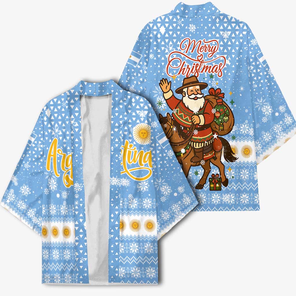 Argentina Christmas Kimono with Blue-White Snowflake Pattern, Sun Emblem, and Gaucho Santa Riding Horse Motif - Wonder Print Shop