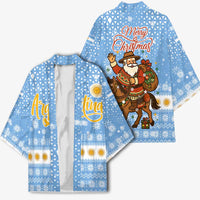 Argentina Christmas Kimono with Blue-White Snowflake Pattern, Sun Emblem, and Gaucho Santa Riding Horse Motif - Wonder Print Shop