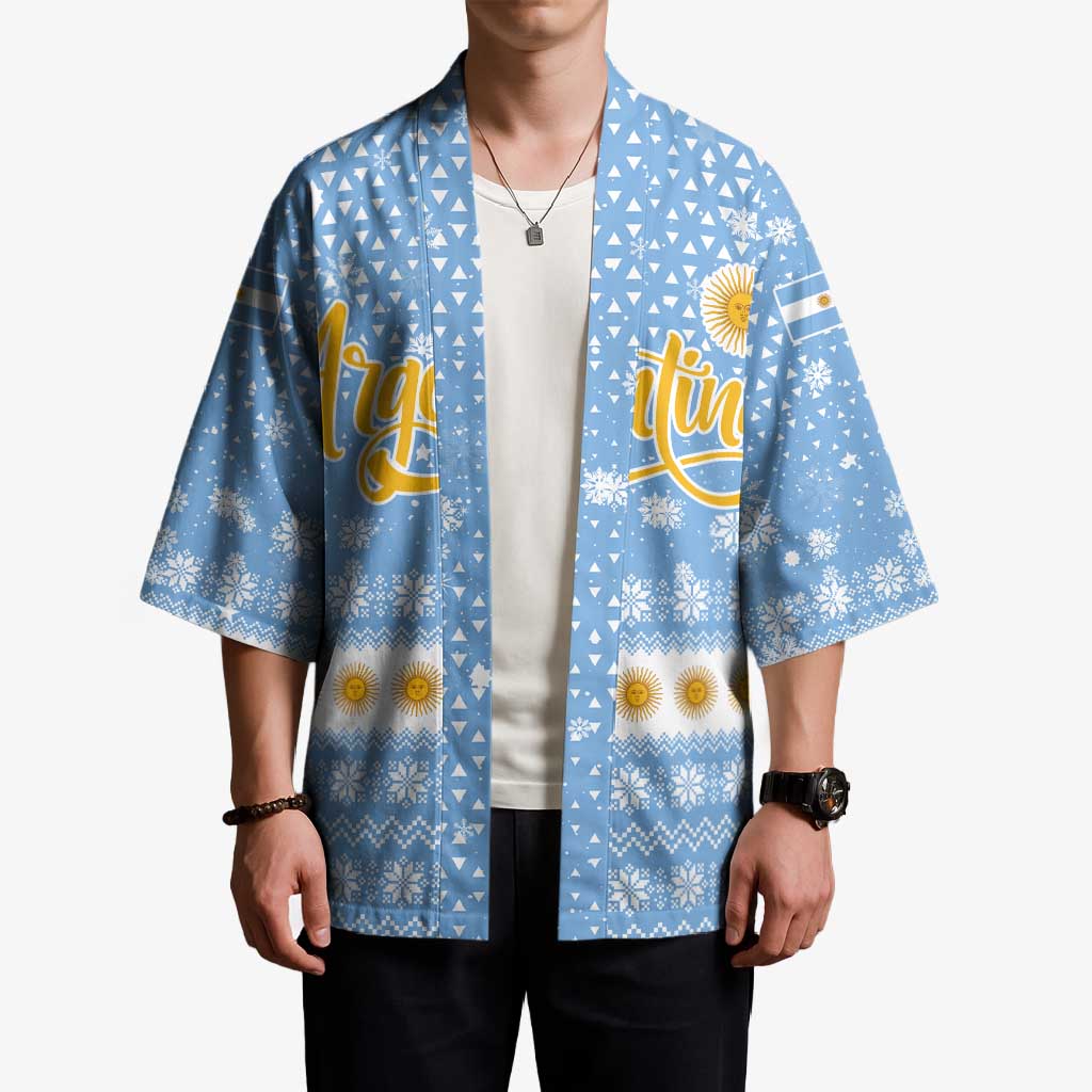Argentina Christmas Kimono with Blue-White Snowflake Pattern, Sun Emblem, and Gaucho Santa Riding Horse Motif - Wonder Print Shop