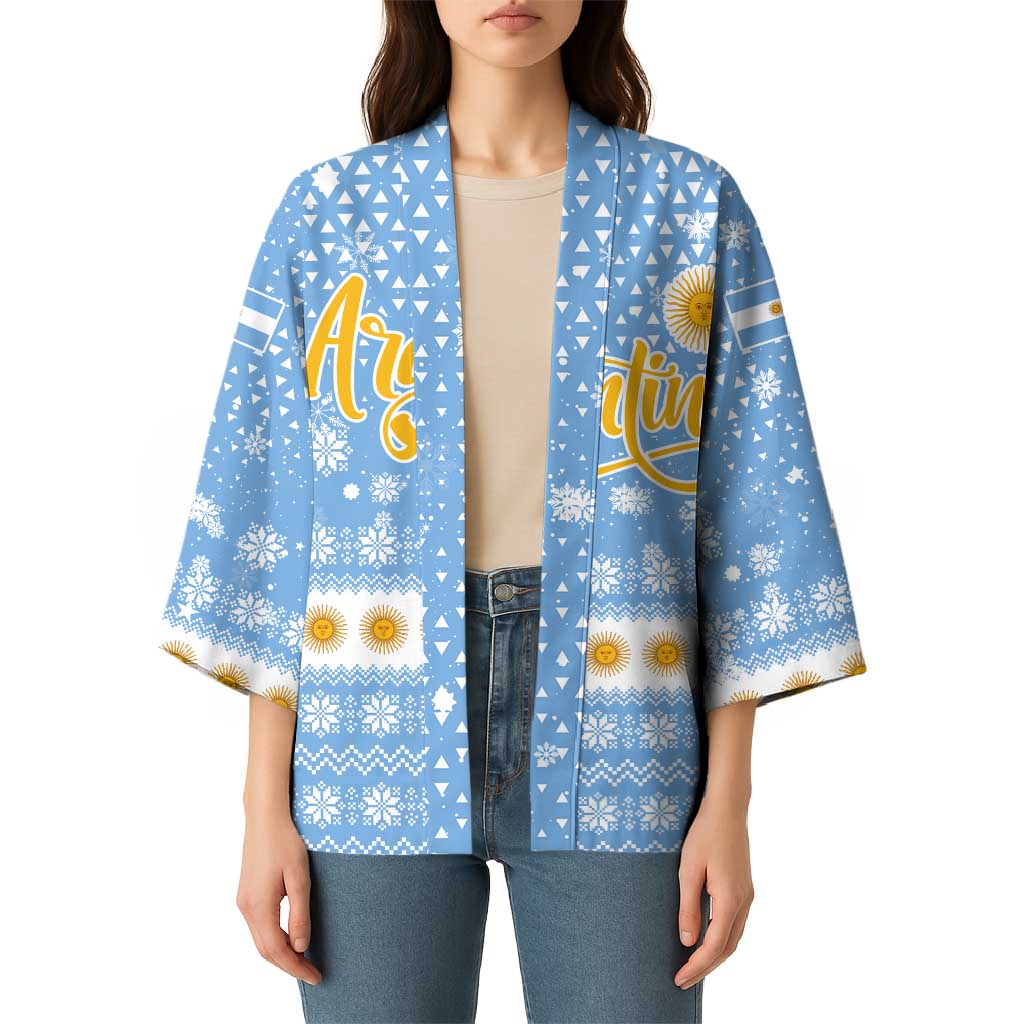 Argentina Christmas Kimono with Blue-White Snowflake Pattern, Sun Emblem, and Gaucho Santa Riding Horse Motif - Wonder Print Shop