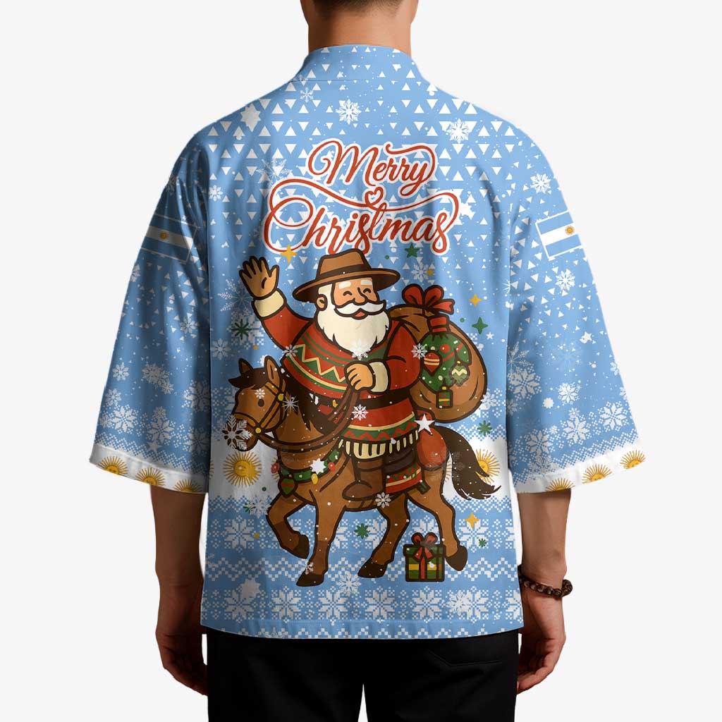 Argentina Christmas Kimono with Blue-White Snowflake Pattern, Sun Emblem, and Gaucho Santa Riding Horse Motif - Wonder Print Shop