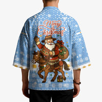 Argentina Christmas Kimono with Blue-White Snowflake Pattern, Sun Emblem, and Gaucho Santa Riding Horse Motif - Wonder Print Shop