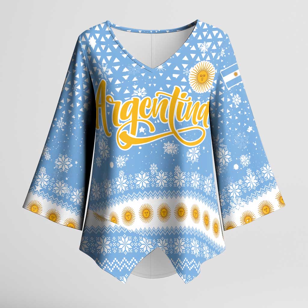 Argentina Christmas Kimono Sleeve Blouse with Blue-White Snowflake Pattern, Sun Emblem, and Gaucho Santa Riding Horse Motif - Wonder Print Shop