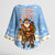 Argentina Christmas Kimono Sleeve Blouse with Blue-White Snowflake Pattern, Sun Emblem, and Gaucho Santa Riding Horse Motif - Wonder Print Shop