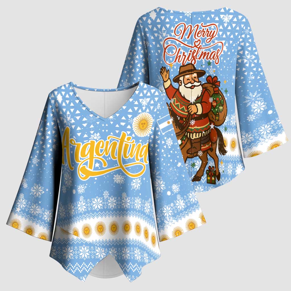 Argentina Christmas Kimono Sleeve Blouse with Blue-White Snowflake Pattern, Sun Emblem, and Gaucho Santa Riding Horse Motif - Wonder Print Shop