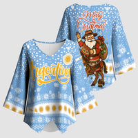 Argentina Christmas Kimono Sleeve Blouse with Blue-White Snowflake Pattern, Sun Emblem, and Gaucho Santa Riding Horse Motif - Wonder Print Shop
