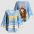 Argentina Christmas Kimono Sleeve Blouse with Blue-White Snowflake Pattern, Sun Emblem, and Gaucho Santa Riding Horse Motif - Wonder Print Shop