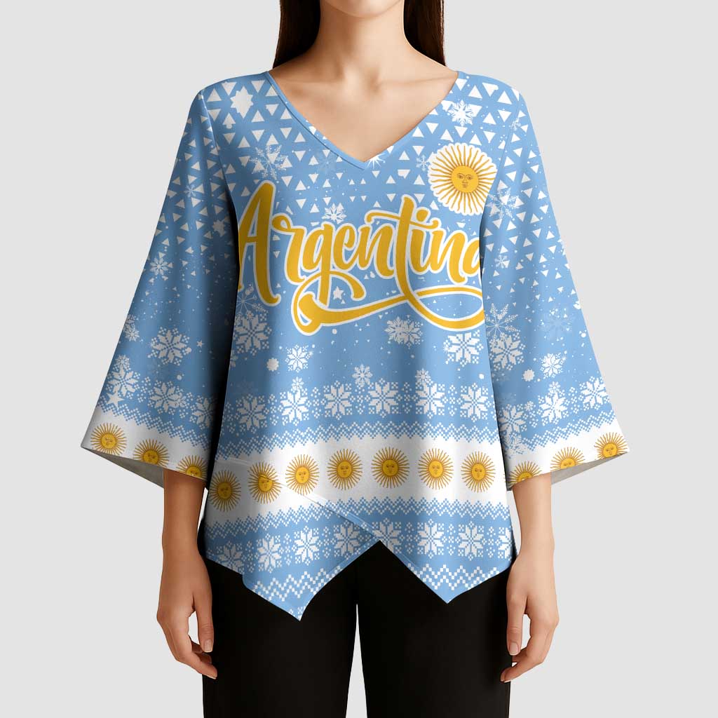 Argentina Christmas Kimono Sleeve Blouse with Blue-White Snowflake Pattern, Sun Emblem, and Gaucho Santa Riding Horse Motif - Wonder Print Shop