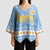 Argentina Christmas Kimono Sleeve Blouse with Blue-White Snowflake Pattern, Sun Emblem, and Gaucho Santa Riding Horse Motif - Wonder Print Shop