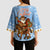 Argentina Christmas Kimono Sleeve Blouse with Blue-White Snowflake Pattern, Sun Emblem, and Gaucho Santa Riding Horse Motif - Wonder Print Shop