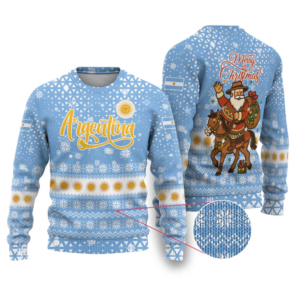 Argentina Christmas Ugly Christmas Sweater with Blue-White Snowflake Pattern, Sun Emblem, and Gaucho Santa Riding Horse Motif - Wonder Print Shop