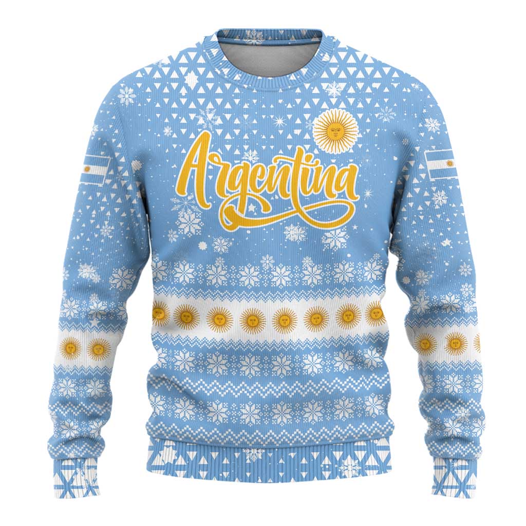Argentina Christmas Ugly Christmas Sweater with Blue-White Snowflake Pattern, Sun Emblem, and Gaucho Santa Riding Horse Motif - Wonder Print Shop